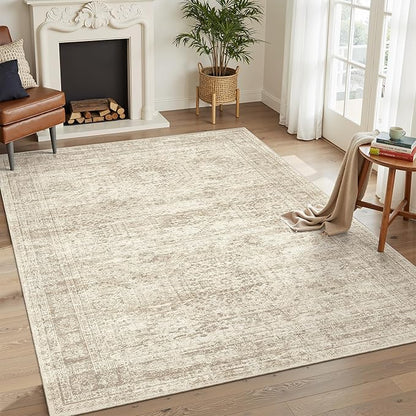 7x9 Area Rug for Living Room Washable Abstract Vintage Soft Thin Indoor Floor Non-Slip Carpet for Bedroom Dining Room Beige