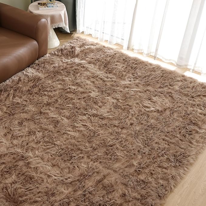 Goolela Faux Sheepskin Fur Area Rug 5x8 Light Brown Beige Fluffy Fuzzy Furry Shag Rug for Bedroom Living Room Washable Rectangle