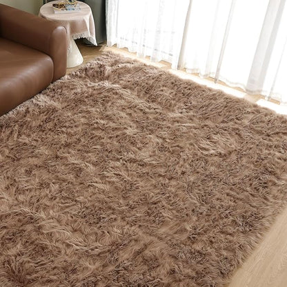 Goolela Faux Sheepskin Fur Area Rug 5x8 Light Brown Beige Fluffy Fuzzy Furry Shag Rug for Bedroom Living Room Washable Rectangle