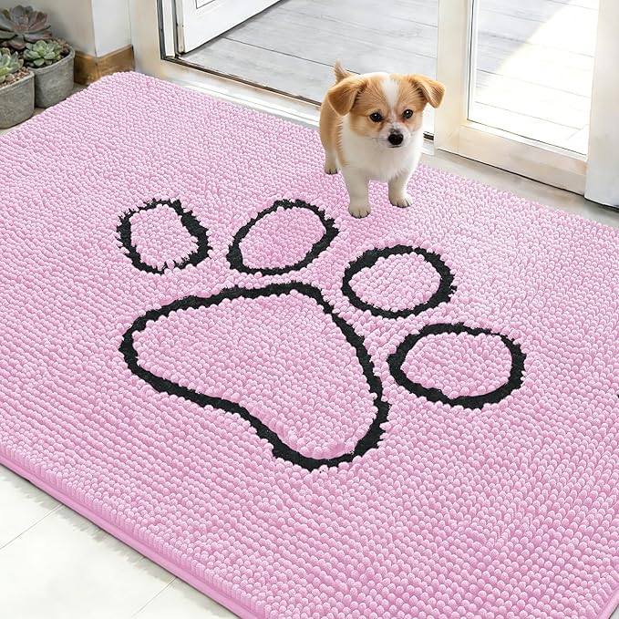 OLANLY Dog Door Mat for Muddy Paws 48x30, Paw Print Design, Absorbs Moisture and Dirt, Absorbent Non-Slip Washable Doormat, Quick Dry Chenille Mud Mat for Dogs, Entry Indoor Entryway Carpet, Pink