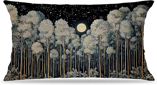 Rustic William Morris Inspired Night Forest Green Moon Pillow Covers 12x20 Double-Sided,Vintage Botanical Nature Landscape Decorative Throw Pillow Covers for Home Bedroom Living Room
