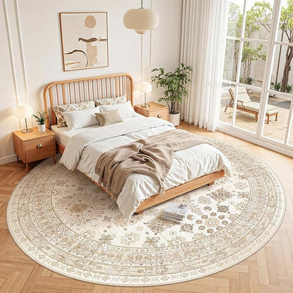 zesthome 8ft Round Rugs for Living Room, Non-Slip Washable Round Area Rugs, Ultra-Thin Large Circle Rugs, Soft Low Pile Rug for Bedroom, Kitchen - Vintage Stain Resistant Round Rug (Cream/Beige,8'x8')
