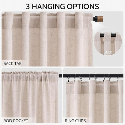 Nanspring Natural White Linen Curtains 63 Inch Length for Living Room Blend Semi Sheer Farmhouse Decor Curtains Back Tab Privacy Boho Light Filtering Semi Sheer Curtain for Bedroom 52x63, 2 Panels