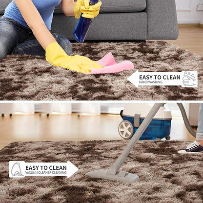 Tepook Fluffy Large Rugs for Living Room, Area Rug 6x9 Soft Carpet for Bedroom, Modern Shaggy Rug for Kids Boys Girls, Plush Indoor Nursery Home Decor Rug with Non-Slip Bottom, Tie-Dyed Coffee
