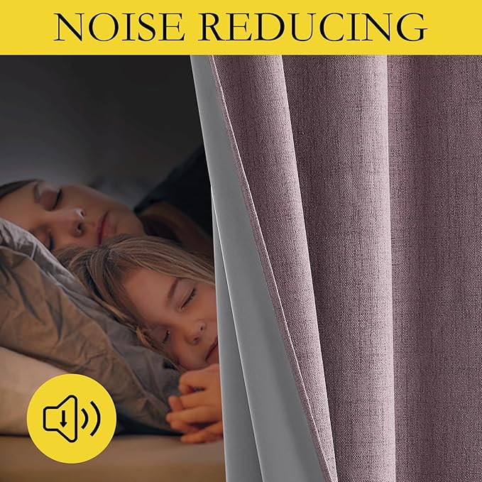 NICETOWN Chaise Mauve Vintage Linen 100% Blackout Curtains for Living Room, Thermal Insulated Curtains 95“ Long, Noise Reducing Window Treatment Drapes for Home Office, 62" Wide Per Panel, Set of 2
