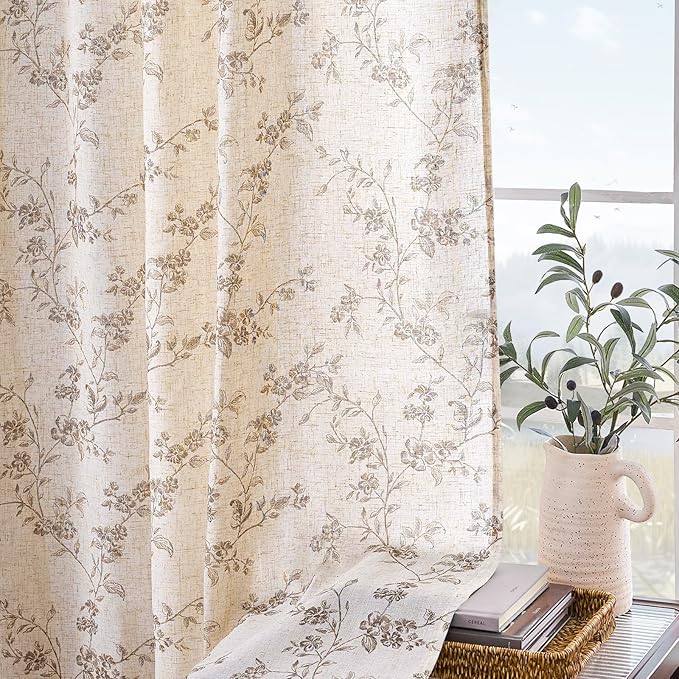 Lazzzy Taupe Floral Linen Curtains 96 Inch Farmhouse Back Tab Drapes for Living Room Bedroom Light Filtering Vintage Grandmillennial Rod Pocket Curtains, 2 Panels, W38 x L96, Taupe on Beige