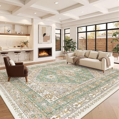 zesthome 10x14 Area Rugs,Stain Resistant Washable Rug,Ultra-Thin Rugs for Living Room,Bedroom,Non-Slip Backing Home Decor Large Area Rug (Green/Brown,10'x14')