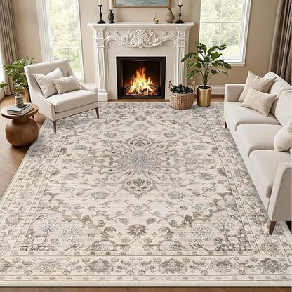 Area Rugs 9x12 Living Room Rug: Washable Rug Soft Vintage Distressed Floral Carpet Indoor Non-Slip Stain Resistant Large Carpets for Bedroom Dining Room Farmhouse Nursery Home Office Brown Beige