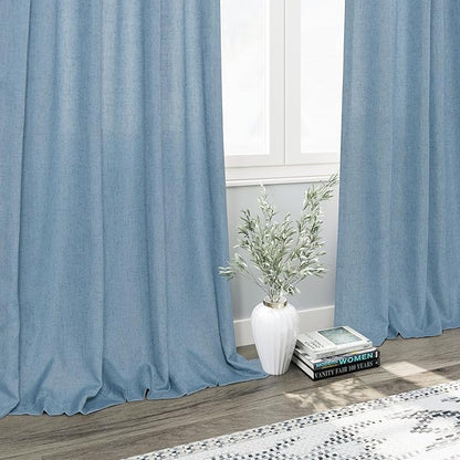 Nanspring Blue Semi Sheer Linen Curtains 90 inch Length for Living Room Back Tab Rod Pocket Modern Farmhouse Coastal Decor Dusty Blue Cotton Textured Gauze Curtains for Dining Room Office 52x90