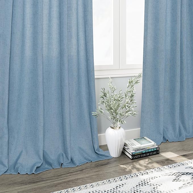 Blue Linen Curtains 96 inches Long for Bedroom Back Tab Light Filtering Privacy Sheer Curtains Modern Farmhouse Coastal Decor Dusty Blue Cotton Textured Gauze Curtain 2 Panel Set 52x96