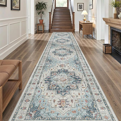 Madane Hallway Runner Rug 3x16 - Vintage Non Slip Washable 16ft Kitchen Runner for Entrance Soft Long Carpet Runners for Living Room Bathroom Low Pile Floor Mat for Bedroom Dining Room, Blue