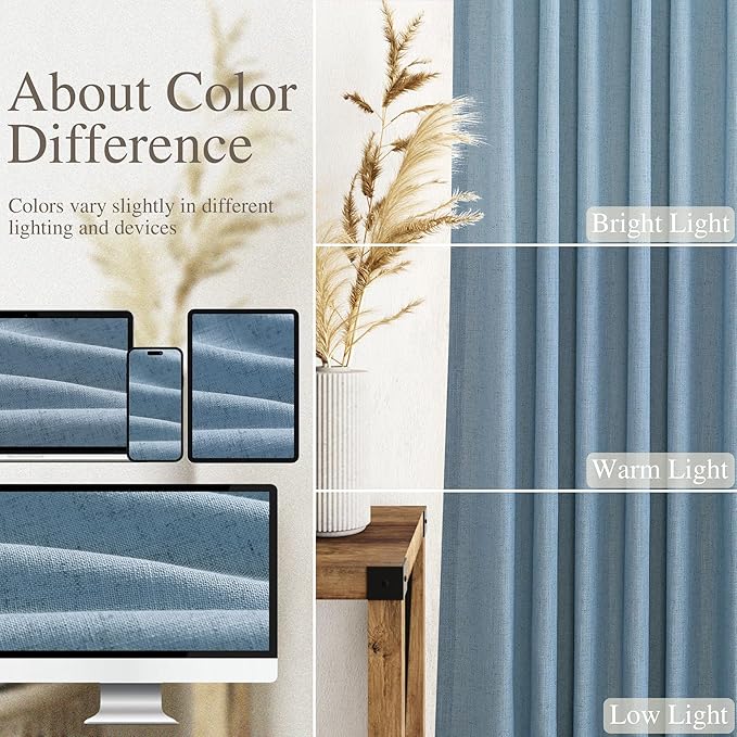 Nanspring Blue Curtains 132 Inches Long 2 Panels for Living Room Back Tab Rod Pocket Semi Sheer Linen Drapes Neutral Room Decor Blue Curtain Ceiling to Floor Length for Dining Room 52x132