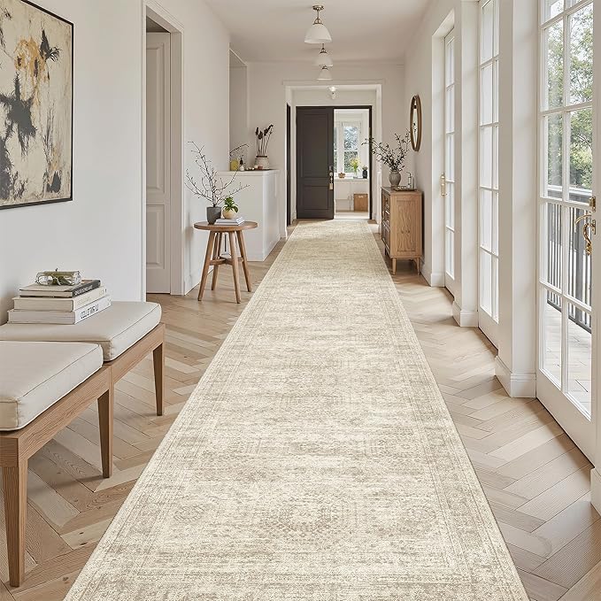 Hallway Runner Rug 3x18 - Kitchen Rugs 18ft Washable Entryway Rug Vintage Kitchen Runners Non Slip Farmhouse Indoor Carpet Runner for Living Room Bedroom, Beige