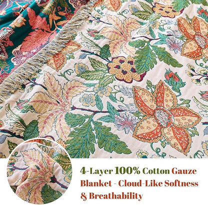 MSGKV Boho Throw Blanket for Bed Twin Size 100% Cotton Floral Blanket 60"x80" Lightweight Farmhouse Muslin Spring Breathable Couch Blankets Home Decor All Seasons