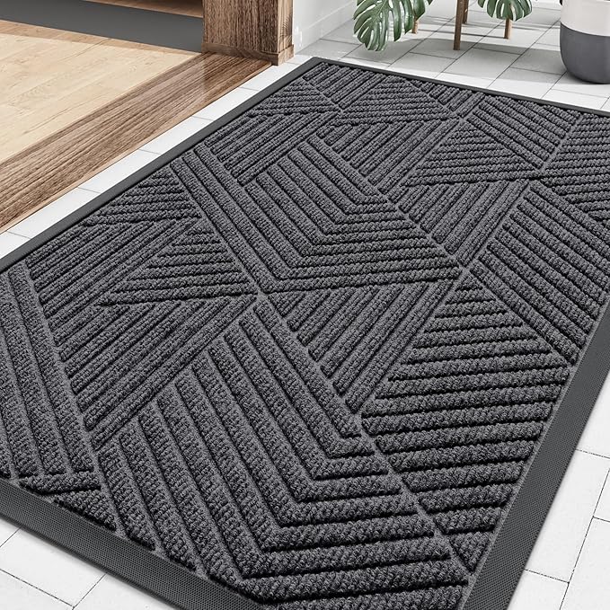Smiry Front Door Mat Outside Entrance, Heavy Duty Sturdy Natural Rubber Doormat, Trap Dirt and Moisture, Easy Clean Low Profile Mats for Indoor Outdoor Entry, Irregular Triangle (29.5x17, Light Grey)