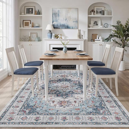 zesthome 6x9 Area Rugs, Machine Washable Rugs for Living Room, Bedroom,Stain Resistant Vintage Large Area Rug,Non-Slip Medallion Pattern Home Decor Rugs (Blue,6'x9')