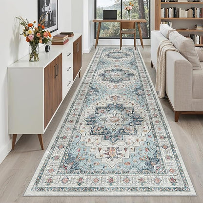 Madane Hallway Rug 3x10, Kitchen Rugs Washable Entryway Rug Vintage Kitchen Runners Non Slip Indoor Area Rug Farmhouse Carpet Runner for Bathroom Living Room Bedroom, Blue