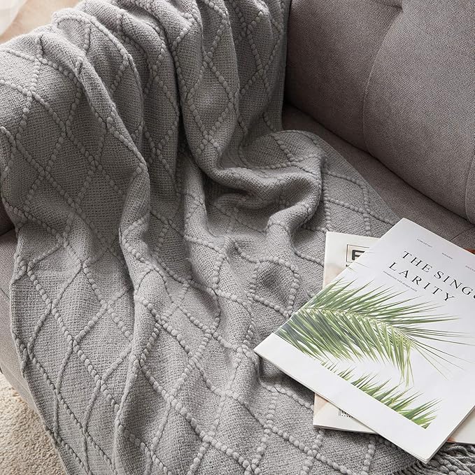 BOURINA Light Grey Throw Blanket 50x60 Inches Throw Textured Solid Soft Sofa Couch Decorative Knit Blanket