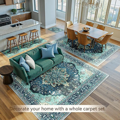 Area Rugs 8'x10' Washable Non-Slip, Floral Vintage Distress Print Pattern Medallion Carpet for Living Room Bedroom Dining Room, Teal Green Lake Blue Turquoise