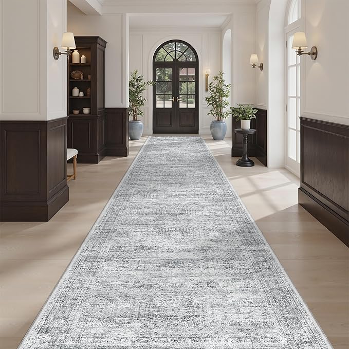Hallway Runner 3x14 - Runner Rugs 14ft Washable Entryway Rug Vintage Kitchen Runners Non Slip Indoor Rug Farmhouse Carpet Runner for Bathroom Living Room Bedroom, Grey