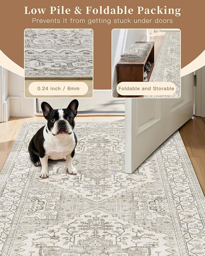 Madane 3x12 Hallway Runner Rug, Non Slip Washable 12ft Runner for Hallways Soft Vintage Kitchen Rugs Low-Pile Thin Floor Carpet Runner for Entryway Bathroom Bedroom, Beige/Brown
