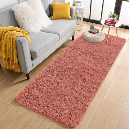 OLANLY 2x6 Machine Washable Runner Rugs for Hallway, Soft Fluffy Shaggy Bedside Rugs for Bedroom, Living Room, Indoor Floor Carpet for Kids Girls and Boys, Home Decor Aesthetic, Rust Red