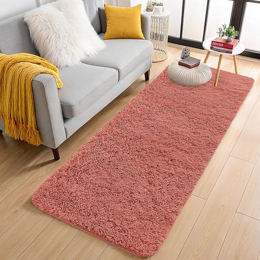 OLANLY 2x6 Machine Washable Runner Rugs for Hallway, Soft Fluffy Shaggy Bedside Rugs for Bedroom, Living Room, Indoor Floor Carpet for Kids Girls and Boys, Home Decor Aesthetic, Rust Red