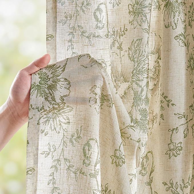 jinchan Linen Blend Floral Curtains for Living Room 84 Inch Length Farmhouse Printed Curtain Rod Pocket Back Tab Sage Green Peony Flower Patterned Drapes Bedroom Curtains Set 2 Panels