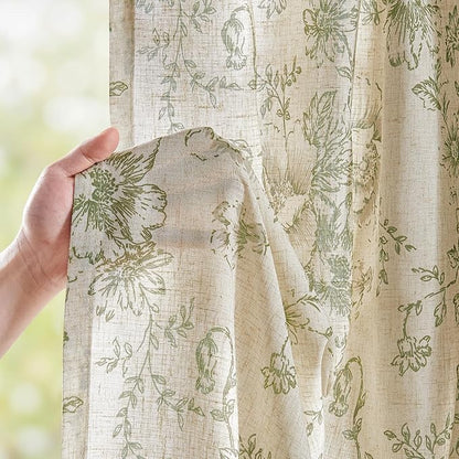jinchan Linen Blend Floral Curtains for Living Room 84 Inch Length Sage Green Printed Curtain Rod Pocket Back Tab Farmhouse Peony Flower Patterned Drapes Bedroom Curtains Set 2 Panels