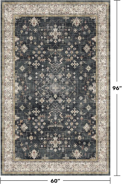 Black Modern Farmhouse 5x8 Area Rug for Living Room, Boho Large Entryway Rug, Dark Floor Carpet for Kitchen Under Small Dining Table, Bedroom - Washable Low Pile Waterproof Non Slip & Stain Resistance