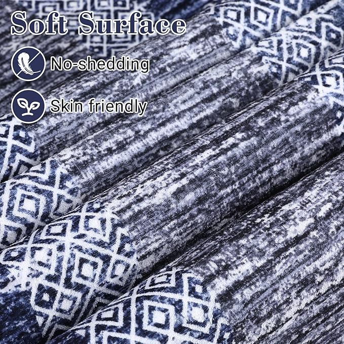 GarveeHome 9x12 Large Modern Navy Blue Area Rug Distressed Bordered Soft Non Shedding Floor Carpet, Geometric Washable Non Slip Low Pile Indoor Area Rug for Living Room, Bedroom