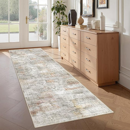 2x5 Rug Runner Washable for Entryway, Soft Bathroom Rugs with Non-Slip Backing, Abstract Low Pile Hallway Runner, Vintage Small Kitchen Carpet for Stair, Laundry Room(2'x5', Grey/Rust)