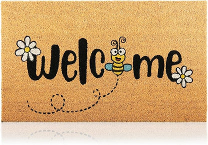 Bee - 17"x29" - Coir Door Mat with Heavy Duty Backing - Welcome Mats for Entryway, Porch - Anti-Slip PVC & Coconut Fiber Surface - Natural Home Accessories, Minimalist Original Design