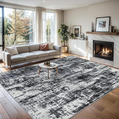 Area Rugs 10x14 Living Room - Washable Rug Modern Abstract Soft Large Neutral Non-Slip Carpet Indoor Floor Thin Carpets for Bedroom Dining Room Farmhouse Nursery Home Office Black
