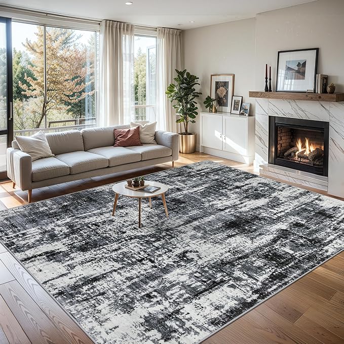 6x9 Area Rugs for Living Room - Washable Rug Modern Abstract Soft Large Neutral Non-Slip Carpet Indoor Floor Thin Carpets for Bedroom Dining Room Farmhouse Nursery Home Office Black