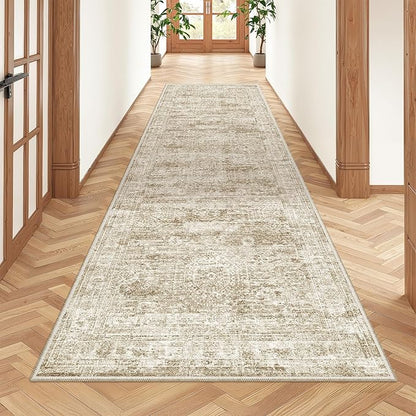 Kitchen Runner Rug Non Slip - 2.5 x 8 Runners for Hallways, Entryway, Bedroom, Washable Runner Rugs for Bathroom, Laundry Room, Low Pile Soft Vintage Area Rug(2.5'x8', Brown/Ivory)
