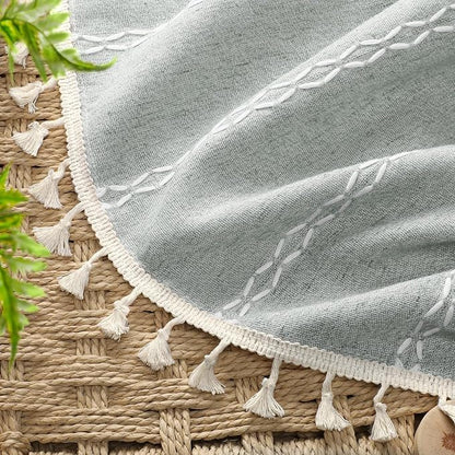 Teal Boho Blackout Curtains 63 Inches Long Light Green Linen Blend 2 Panels with Tassels and Cotton Embroidery, Farmhouse Vintage Rustic Rod Pocket Drapes for Living Room or Bedroom