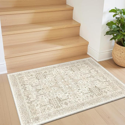 Washable 2x3 Entryway Area Rug - Small Non Slip Vintage Kitchen Runner Rugs Indoor Entrance Soft Neutral Stain Resistant Bathroom Mat Farmhouse Carpet for Bedroom Living Room Entry Laundry 2'x3' Beige