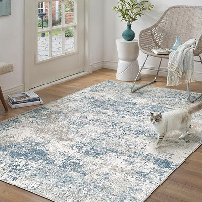 PureCozy Blue 4x6 Area Rug Washable Abstract Office Carpet Modern Neutral Non Slip Indoor Entry Soft Low Pile Contemporary Aesthetic Door Mat Bedroom Throw Rug for Kitchen Laundry Dining Room