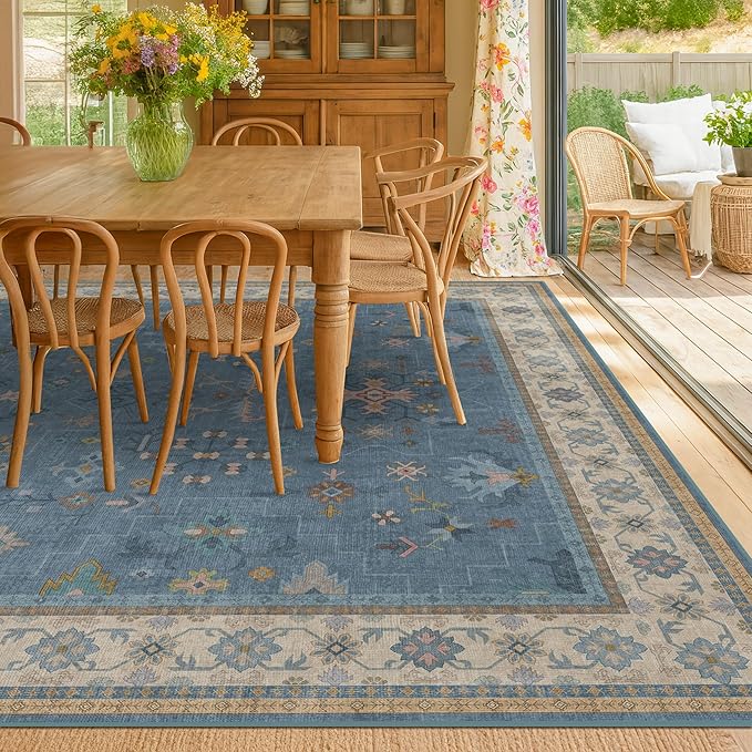 Hazo Haus Boho 7x10 Accent Area Rugs for Living Room - Dusky Blue Rug for Bedroom Under Bed, Dining Room Under Kitchen Table, Washable Soft Non Slip Unique Colorful Indoor Décor
