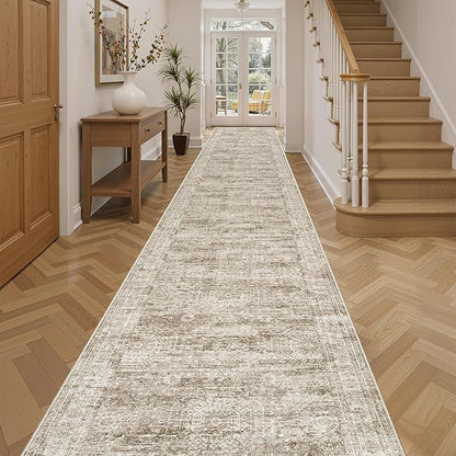 Hallway Runner 3x14 - Runner Rugs 14ft Washable Entryway Rug Vintage Kitchen Runners Non Slip Indoor Rug Farmhouse Carpet Runner for Bathroom Living Room Bedroom, Brown