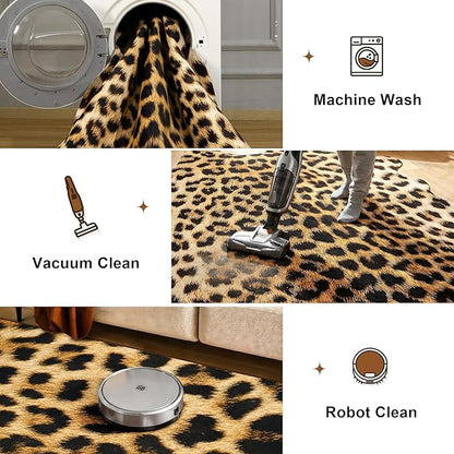 AROGAN Western Decor Faux Fur Leopard Rug, 6.2 x 7 Feet Premium Animal Skin Leopard Hide Rug, Sturdy Cheetah Print Rugs for Wall Decor, Western Floor Carpet for Bedroom Living Room, Black and Gold