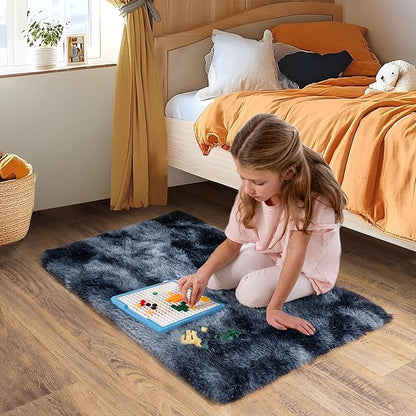Small Area Rug, 2x3 Rug for Bedroom Shaggy Throw Rugs for Dorm Rug, Soft Tie Dyed Carpet for Kids Room, Plush Non-Slip Fluffy Bedside Rug for Home Decor Aesthetic, Blue Grey
