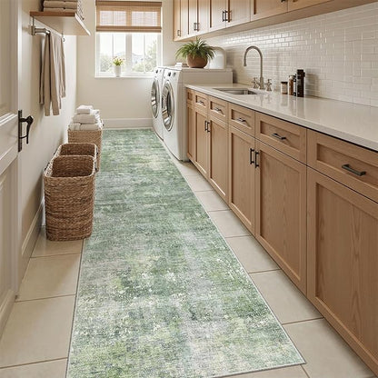 Runner Rug 2x10 Washable Non-Slip Hallway Runner Rugs for Kitchen Bathroom Laundry Room Green/Ivory Vintage Floor Carpet Runners for Hallways Entryway