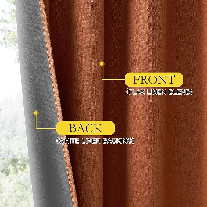 NICETOWN 100% Absolutely Blackout Linen Curtains with Thermal Insulated Liner, Terracotta, 52" Wide, 2 Panels, 95 inches Long Drapes, Grommet Retro Linen Curtains Vertical Drapes Privacy for Bedroom