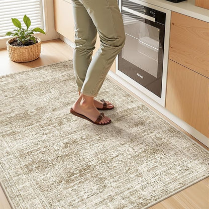 3x4 Washable Area Rug for Entryway, Soft Kitchen Rugs Non Slip for Dining Room, Vintage Abstract Living Room Rug, Thin Area Rugs Indoor for Bedroom, Kids Room Decor(3'x4', Brown/Ivory)