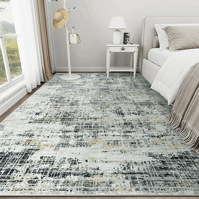 9x12 Area Rugs for Living Room Washable Rug: Anti-Skid Abstract Modern Living Room Rug Soft Thin Carpets Indoor Floor Non-Shedding Carpet for Bedroom Dining Farmhouse Nursery Black Gray Gold