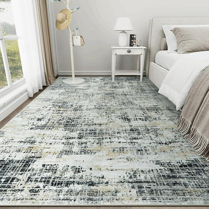 9x12 Area Rugs for Living Room Washable Rug: Anti-Skid Abstract Modern Living Room Rug Soft Thin Carpets Indoor Floor Non-Shedding Carpet for Bedroom Dining Farmhouse Nursery Black Gray Gold