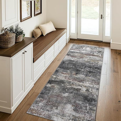 Runner Rug for Hallway Kitchen, 2x5 Machine Washable Runners Rug for Entryway, Soft Modern Abstract Throw Rugs, Low Pile Floor Cover with Non Slip Backing, Dark Gray