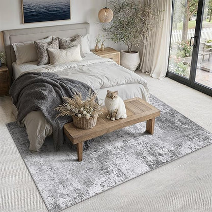 PureCozy 6x9 Grey Area Rug Washable Modern Abstract Living Room Carpet Non Slip Neutral Low Pile Soft Contemporary Gray Bedroom Large Rug Indoor Office Dining Room Playroom